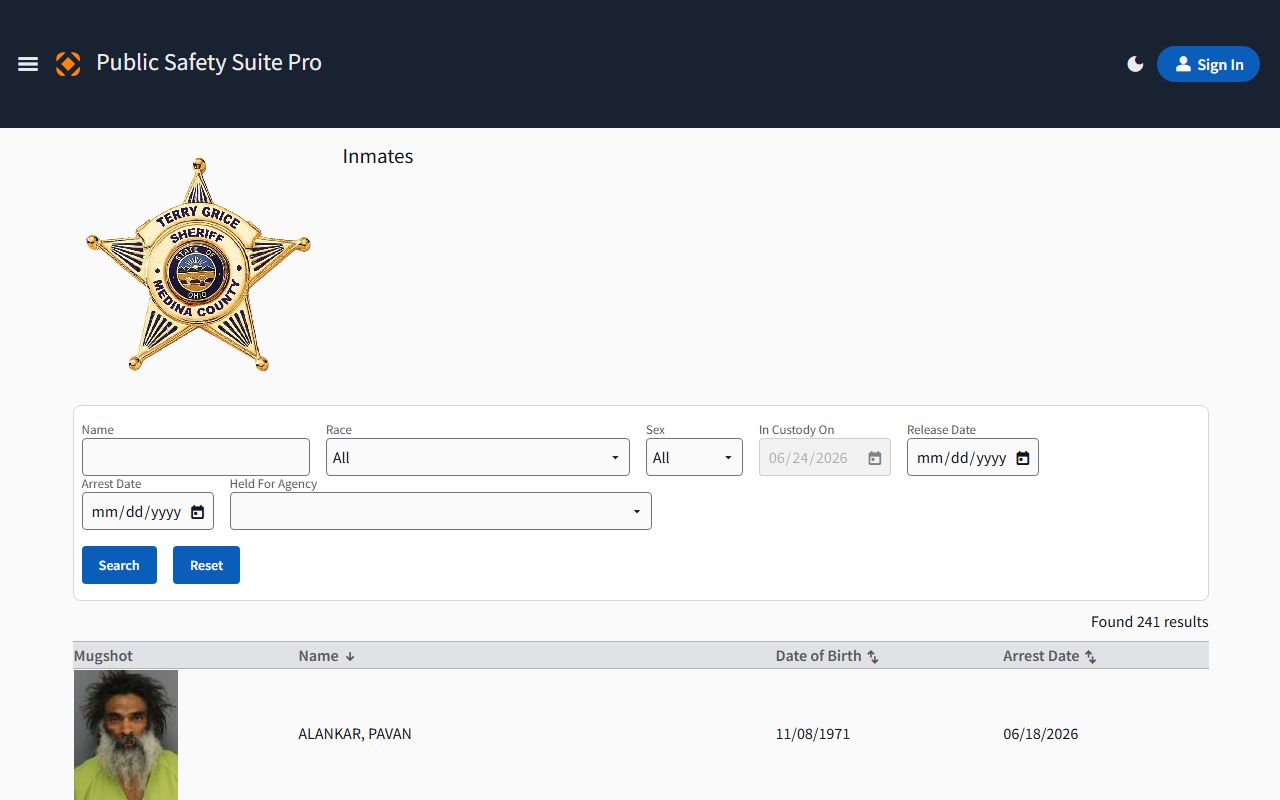 Medina County inmate population roster search interface