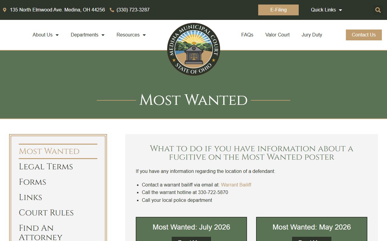 Medina Municipal Court Most Wanted page with warrant poster information